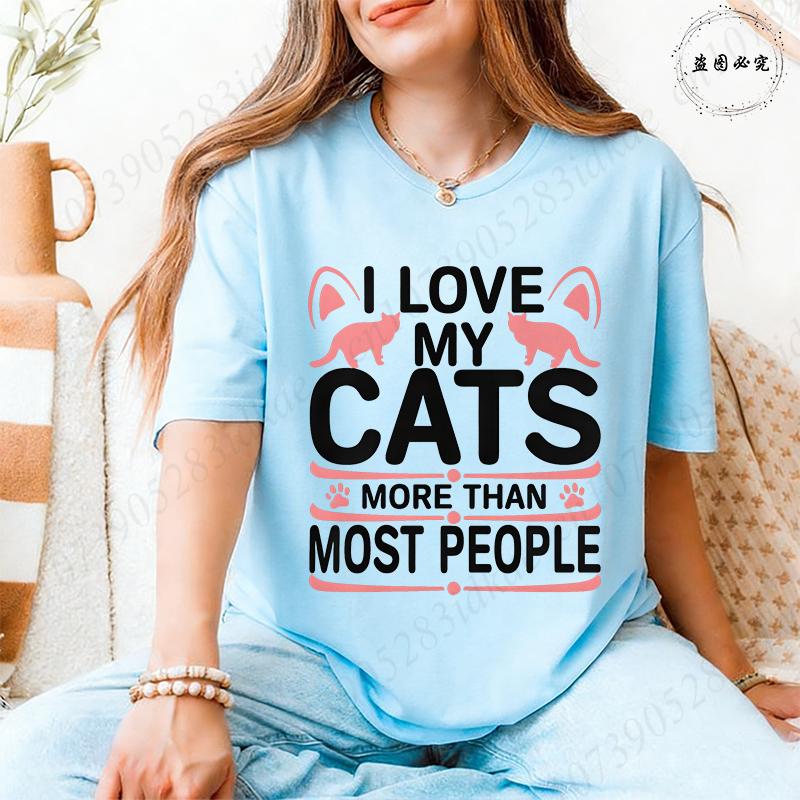 I Love My Cats More Than Most People T-Shirt for Women, Pink Cat Ear & Paw Print Graphic Tee, Harajuku Short Sleeve O Neck Tops