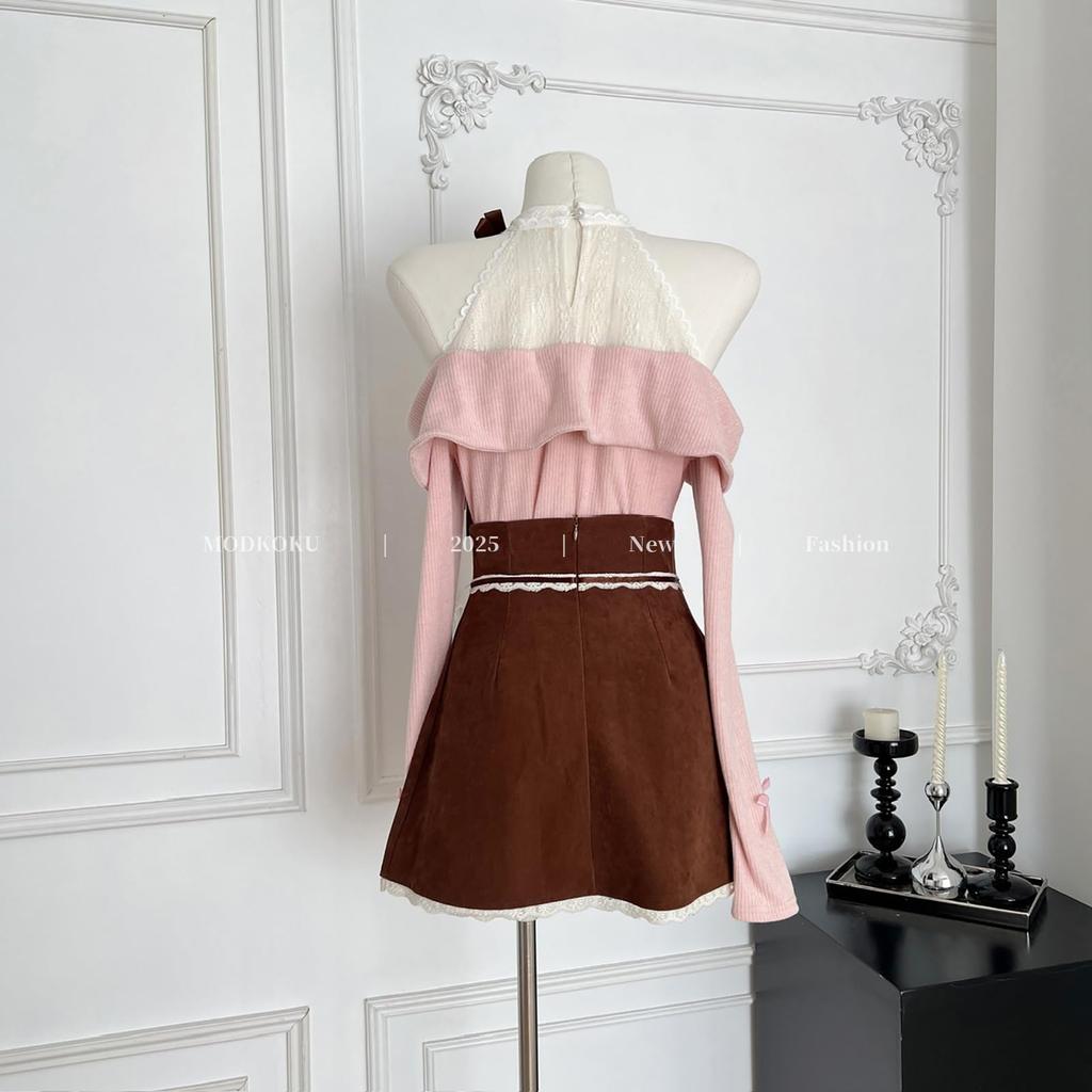 Neat and Clean Dress for Sexy Lace and Ribbon Mini Sweater with Knit and Tight Perfect for Mori French and Gal Long and Pink and Size L [MODKOKU]