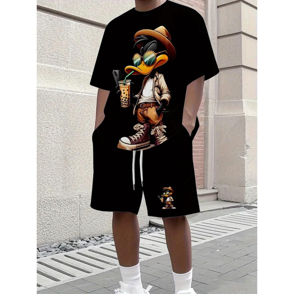 Men'S Summer Casual Fashion  Donald Duck World Graphic T-Shirt Shorts Casual AttirePlayful Print Design Tracksuit Set