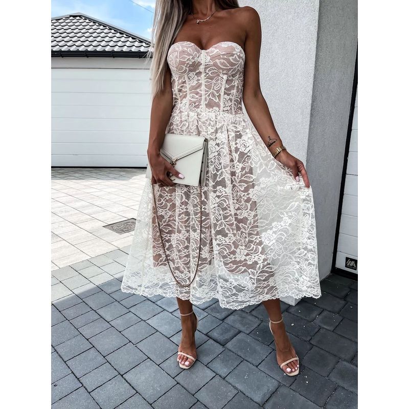 Sexy Off Shoulder Lace Dress Summer Sexy off-the-Shoulder Tube Top Lace Dress Large Swing Dress for Women