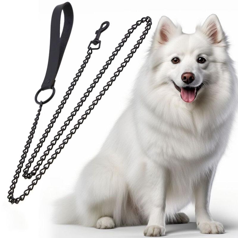 Durable Anti-Bite Metal Dog Chain Lead Chain Leash Handle Leads Leather Iron Chain for Small Large Medium Dogs Outdoor Training