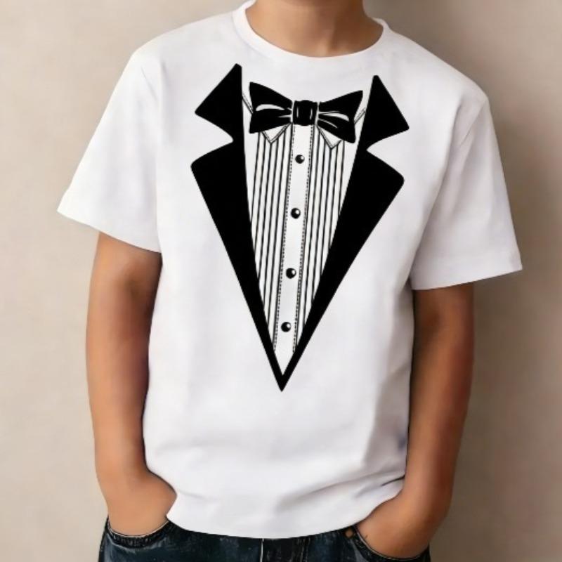 Boys Crew Neck Short Sleeve T-Shirt with White Tail & Bow Tie Print 110