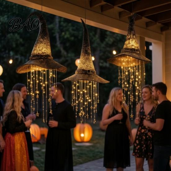 Trick or Treat Party Props Lighted Witch Hat Hanging Halloween Decor, LED Glowing Wizard with Decorations Outdoor Star Tassel Garland, Indoor
