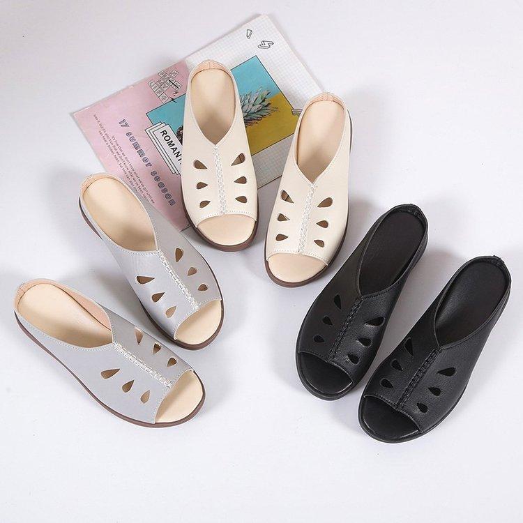 Mom Slippers Women's Summer New Outer Wear Hollow Women's Slippers Half Slippers Women's Middle-aged Women's Slope Heel Cool Slippers Women