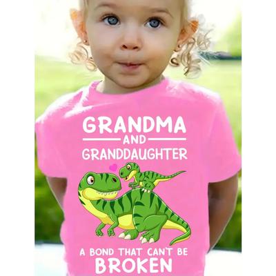 Round Neck Dinosaur And "Grandma And Granddaughter..." Print Short Sleeve Girls T-shirt, Summer Casual Soft And Comfy Girls Top