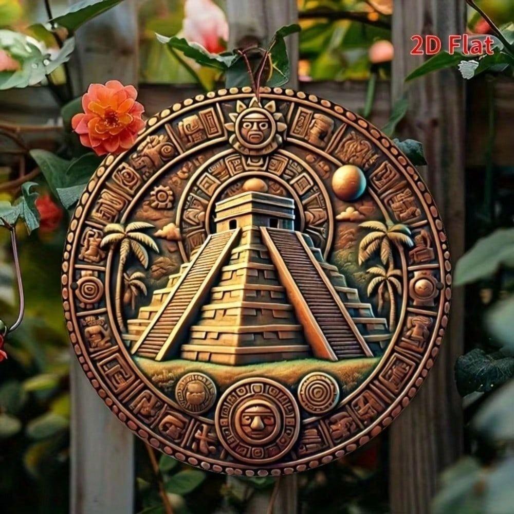 Metal Wall Art Poster, Maya Civilization Pyramid Hieroglyphs, Detailed Historical Decor for Living Room