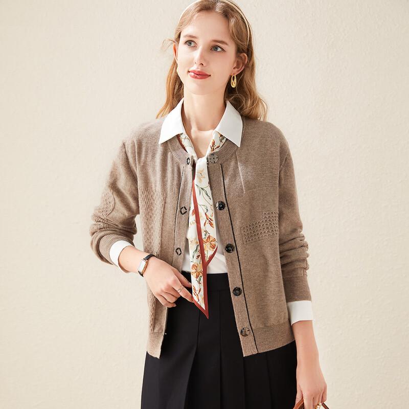 Pull Cardigan à Col Rond Texturé 100% Laine Pure pour Femmes TUHUANG