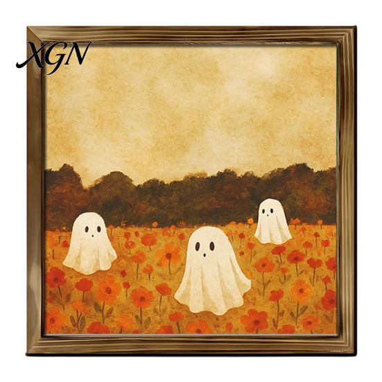 Distressed Halloween Party Props Ghost/Witch/Skeleton Decorative Painting, Wall Mount Square Wood Frame Wooden Decor Picture for Home