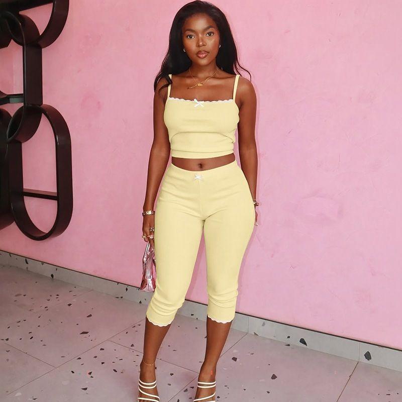 

European and American Women s Clothing 2025 Summer New Fashion Lace Lace Spaghetti-Strap Tops Silm Shorts Suit Light yellow XS