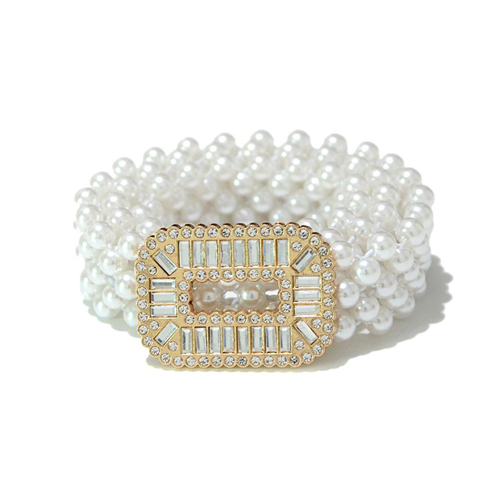 

1 шт. Женский эластичный пояс с золотой пряжкой и пятью рядами искусственного жемчуга, милый и модный 70cm белый