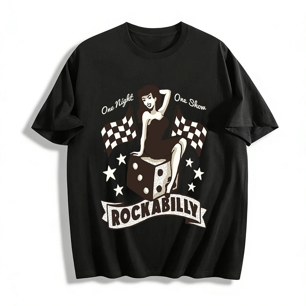 

Rockabilly Pin-up Girl Dice Racing Flag Graphic Print Tee Pure cotton T-shirt XXS