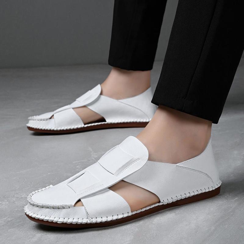 

Летняя мода Новые мужские гладиаторы Черные Белые Слипоны из искусственной кожи Повседневная обувь Мужские дышащие пляжные сандалии Уличные шлепанцы 39 белый