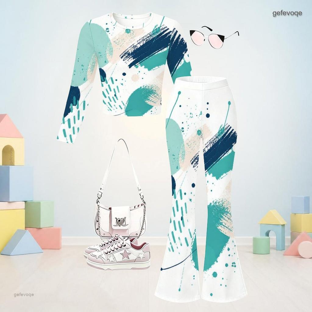 Girls Round Neck Long Sleeve Printed Top Flared Pants Two Piece Set