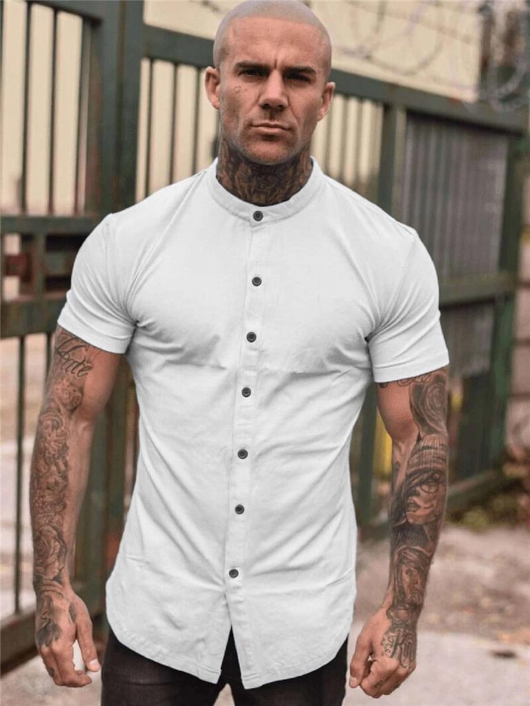 Muscleguys Moda stil retro tricou simplu cu mânecă scurtă pentru bărbați de vară ocazional, simplu, cu guler vertical, cămașă frumoasă