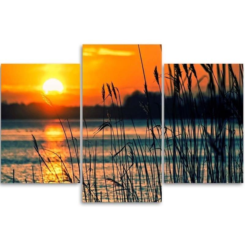 Three Piece Picture Canvas Print Sunset Lake Grass Nature