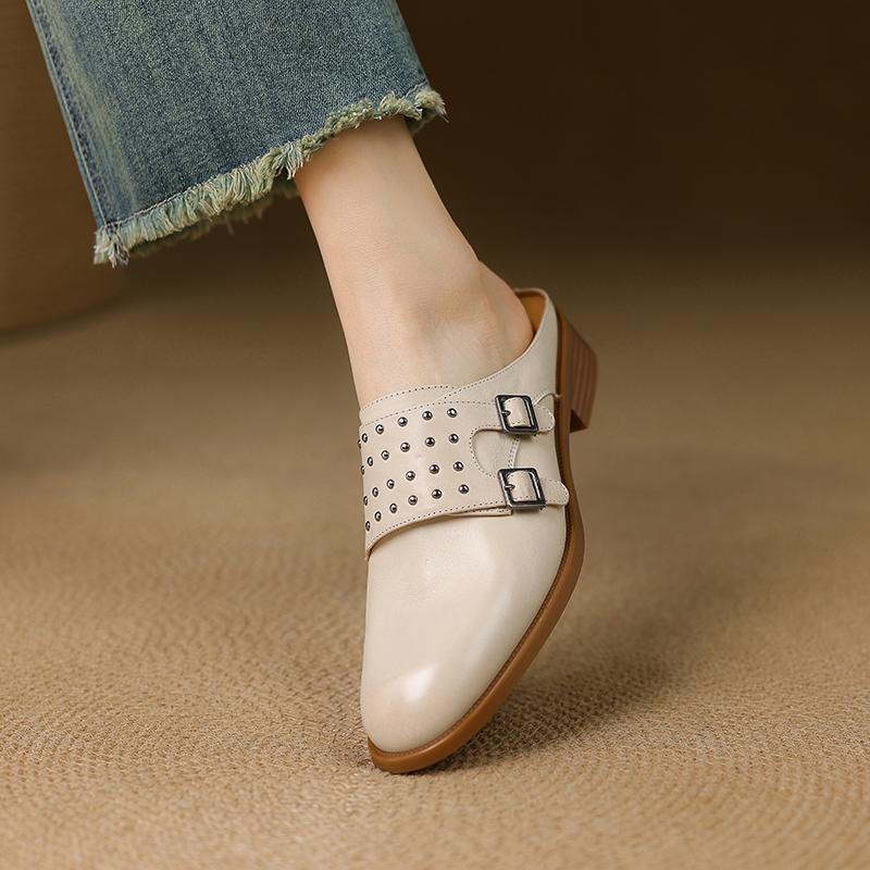 Fashion 2025 New Ladies Retro Slippers Round Toe Shoes Women High Heel Shoes Women Heel Mule Shoes Fashion Buckle Leather Slippers Women