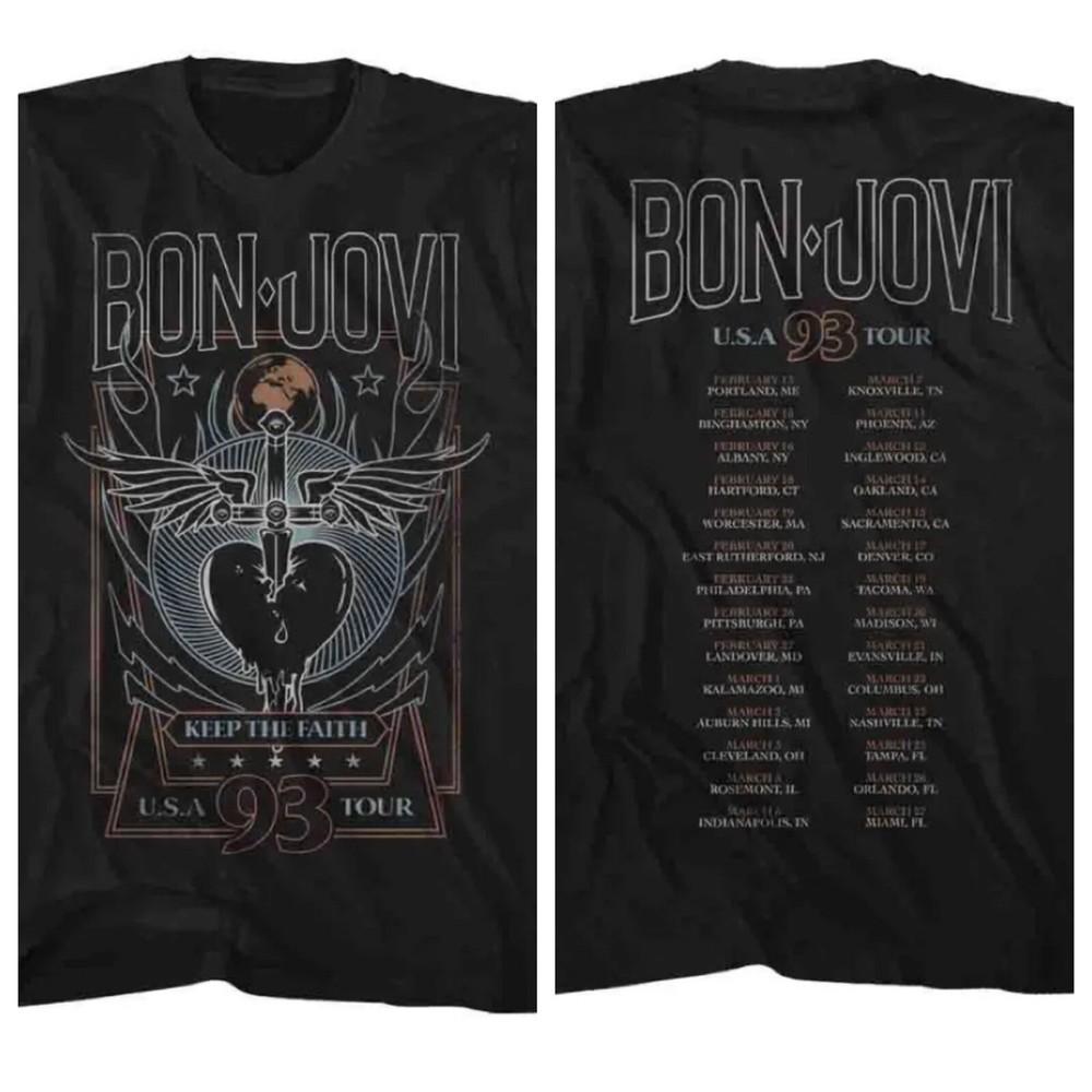 Bon Jovi T-Shirt Mens 93 KeepThe Faith Tour 100% BLACK COTTON in Sizes SM5XL  Unisex T-Shirt L