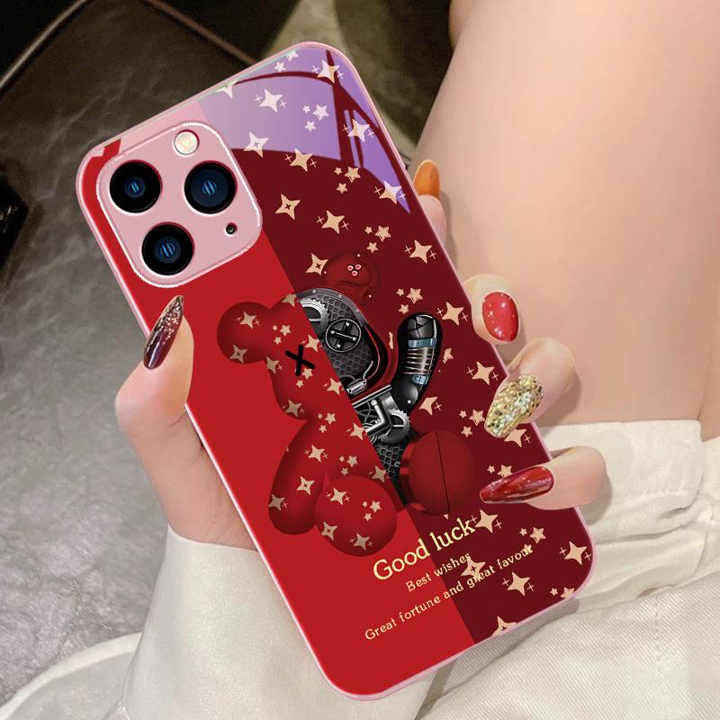 Brown Machine Bear For IPhone 16 Pro Max 15 Pro 14 13 12 Mini 11 XS Max XR 7 8 Plu SE 2022 Tempered Glass Phone Case