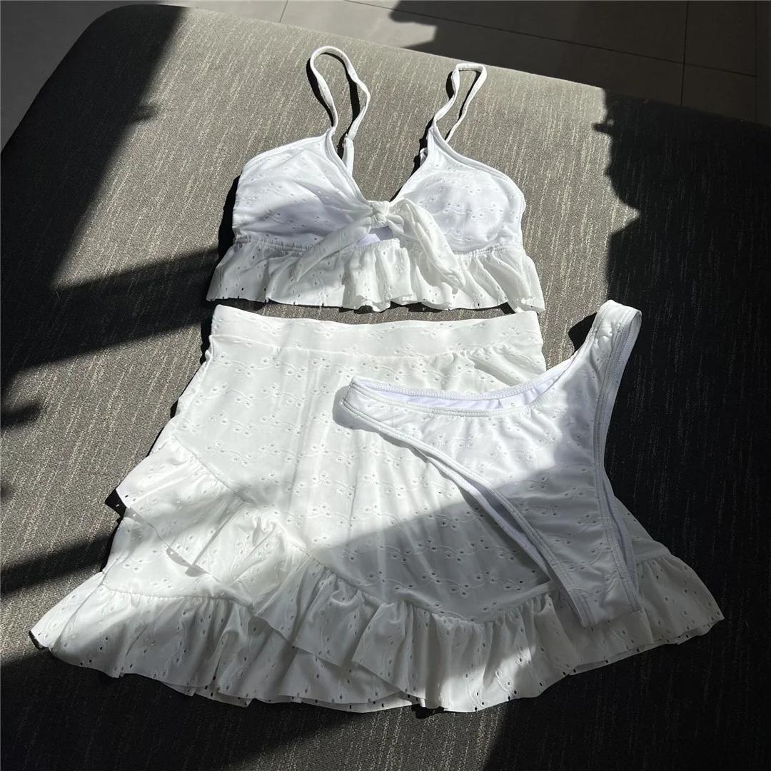 

Новый сексуальный с юбкой, оборками, бикини, женский купальник, женский купальник, комплект бикини из трех частей, купальный костюм, купальный костюм M белый
