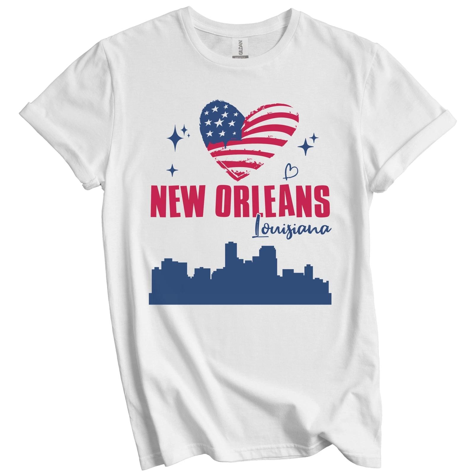 New Orleans Louisiana Skyline American Flag Heart 4th of July T-Shirt S