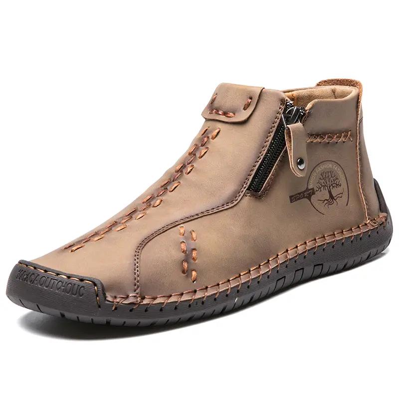 Handmade Leather Casual Shoes For Men Sneakers Men Flat Footwear Zipper Leather Boots Men Ankle Plus Size 39-47