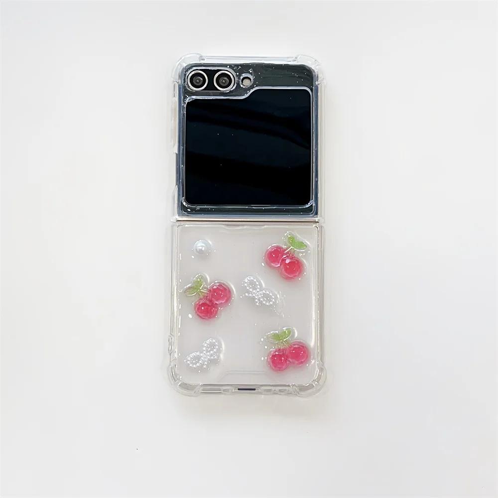 

Cute 3D Cherry Wrist Strap Case For Samsung Galaxy Z Flip 5 4 3 6 Transparent Phone Cover For Samsung Z Flip 5 Z Flip4 Soft Case ZFlip5