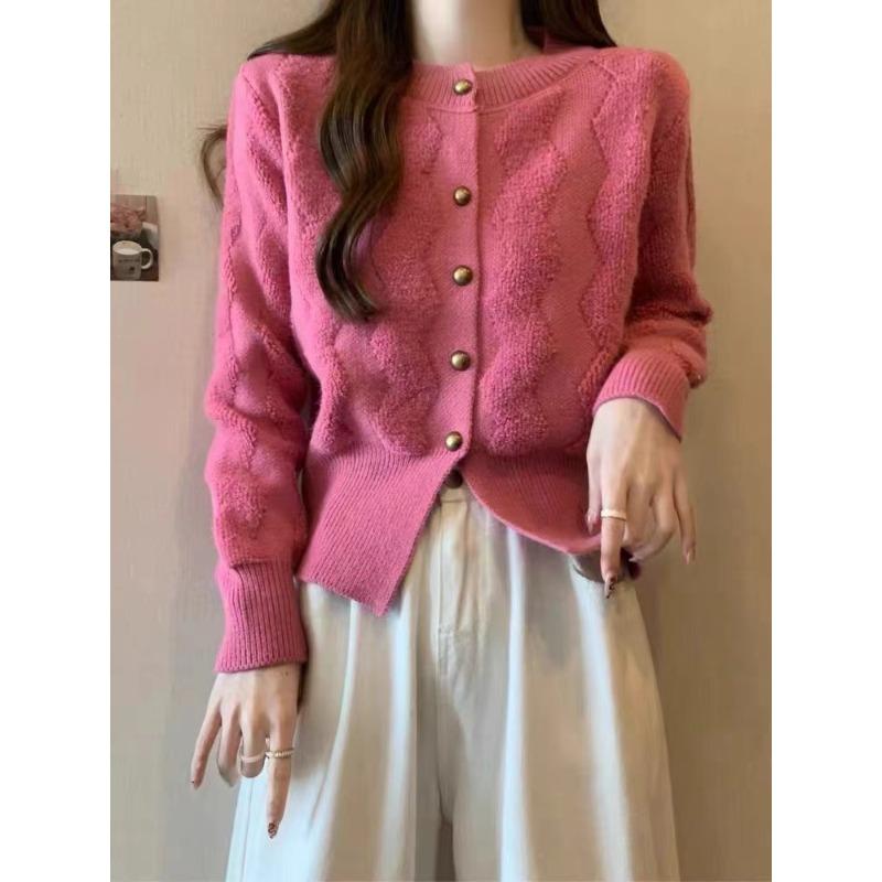 

Autumn and winter new soft waxy short knitted cardigan top temperament sweet loose crew neck sweater jacket women One size розовый