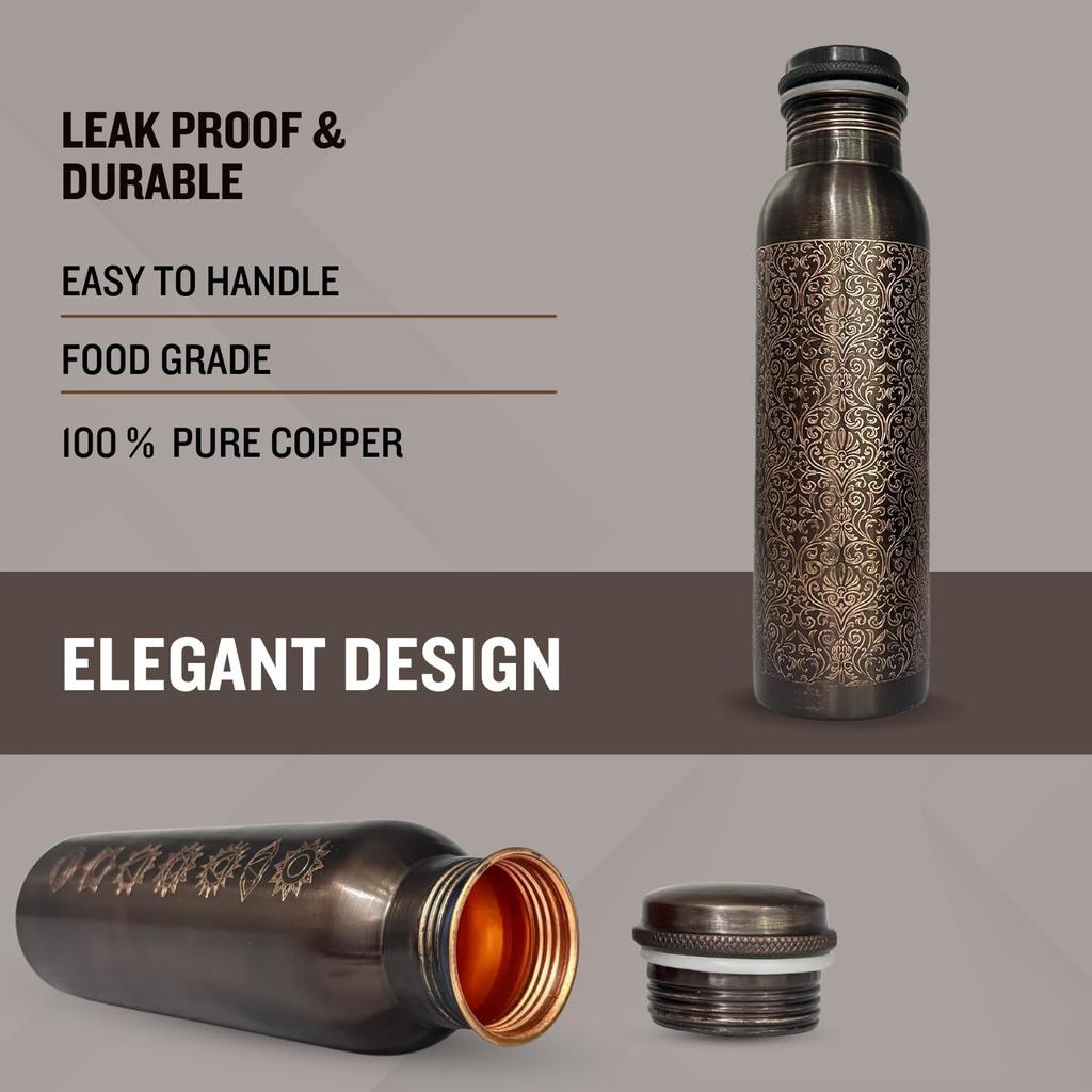 Copper Water Bottle 1 Ltr | Copper Water Bottle with Glass Set | Meena Work | 100% Pure | Leak-Proof | 2 Water Glass 300ml each