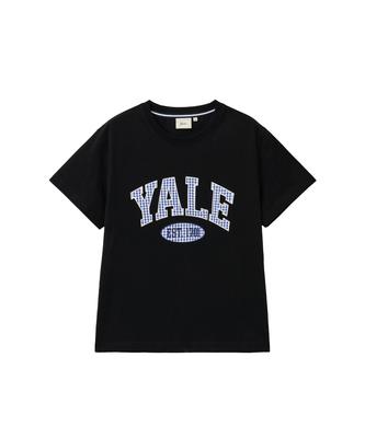 YALE Damen Seersucker Karomuster Zweifarbig Bogen T-Shirt_Schwarz