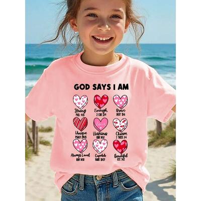 European Sizes Valentines Day Summer Fashion Girls Short Sleeve T-Shirt GOD SAYS I AM ENOUGH 3D Heart Grid Cartoon Print Casual Versatile