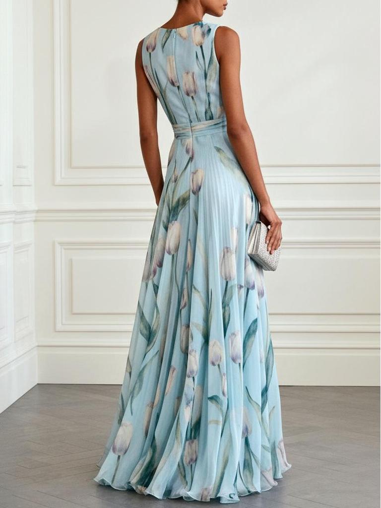 Women's V-neck Off-the-Shoulder Printed Chiffon Maxi Dress with Fitted Waist for Spring/Summer