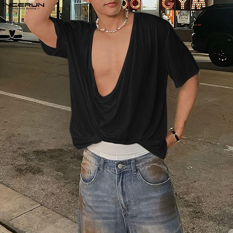 INCERUN T-shirt Casual Estive da Uomo Oversize con Collo a Sottoveste a Maniche Corte, Tinta Unita, Ample