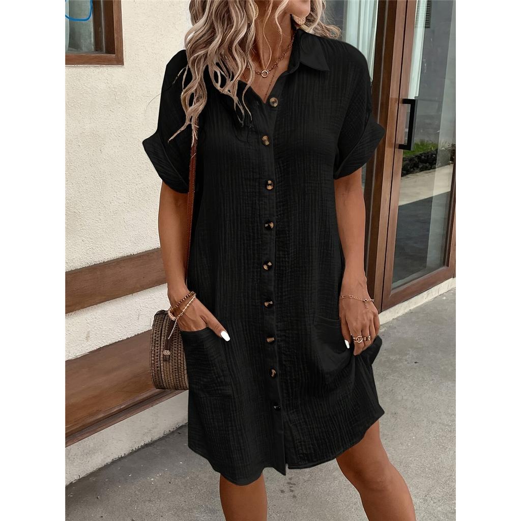Women's Shirt Dress Solid Color Short-sleeved Lapel Cotton Linen Casual Loose Dress