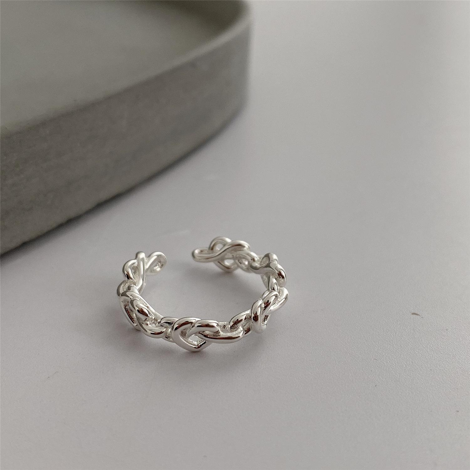 Korean Heart Knot Open Ring - S925 Sterling Silver Minimalist Index Ring for Women Adjustable