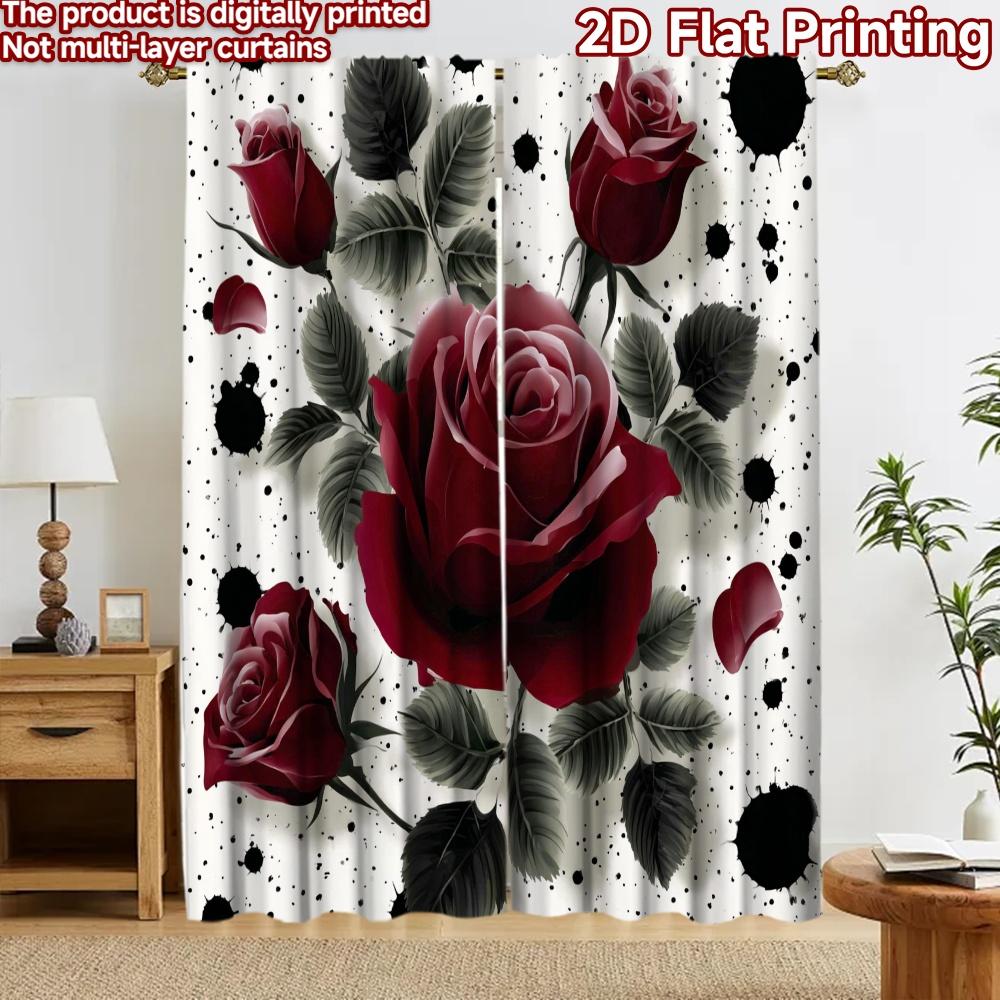 2D flat printing 2pcs Curtain Curtain Valentine's Red Roses(1) Digital Printed Polyester Drapes Family Party Decoration Perfect