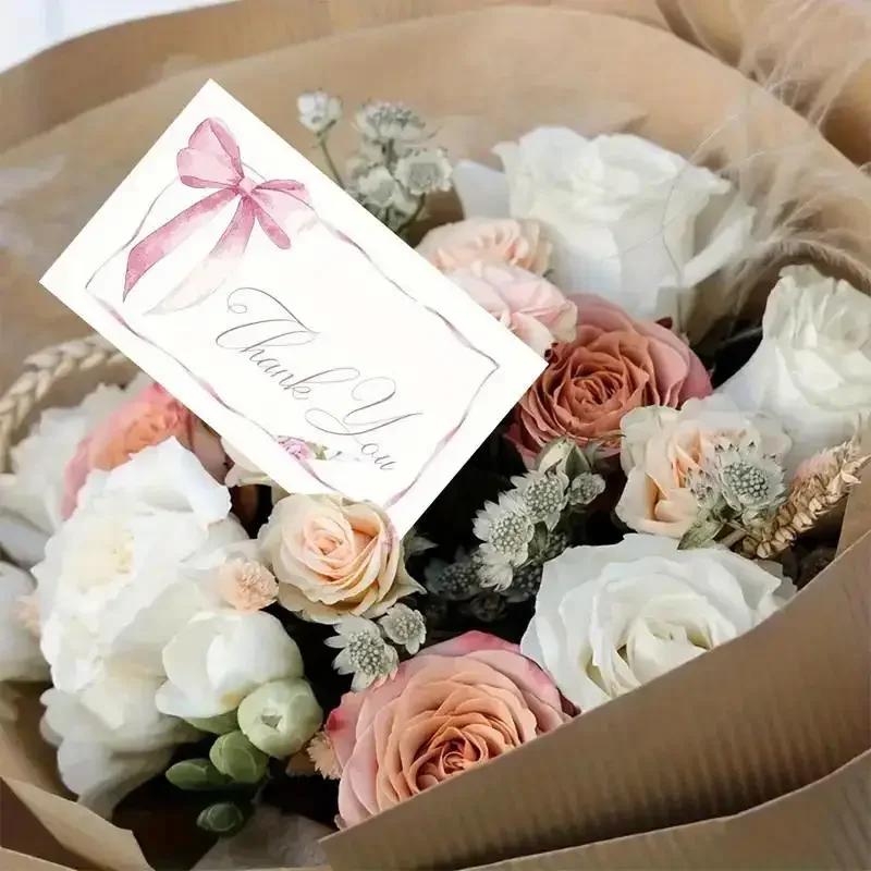 50 adet İş Teşekkür Kartı Kiraz ve Pembe Fiyonk Tasarımı Kutlama Davetiyeleri Hediye Paketleme Kartları Parti İçin