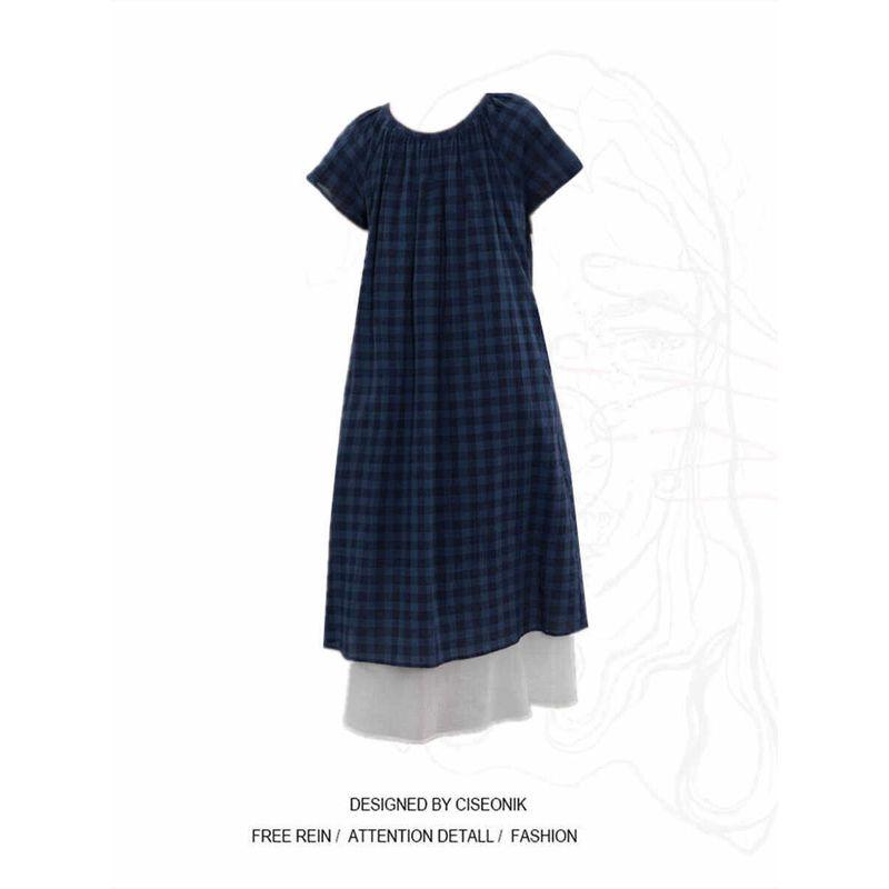 Plus Size Plus Size Ladies French Tea Break Dress U Collar Retro Mesh Patchwork Hem Short Sleeve Plaid Dress Women s Summer Ins Blue 2XL