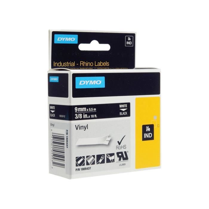 DYMO Rhino - Etiquettes Industrielles Vinyle 9mm X 5.5m - Blanc Sur Noir