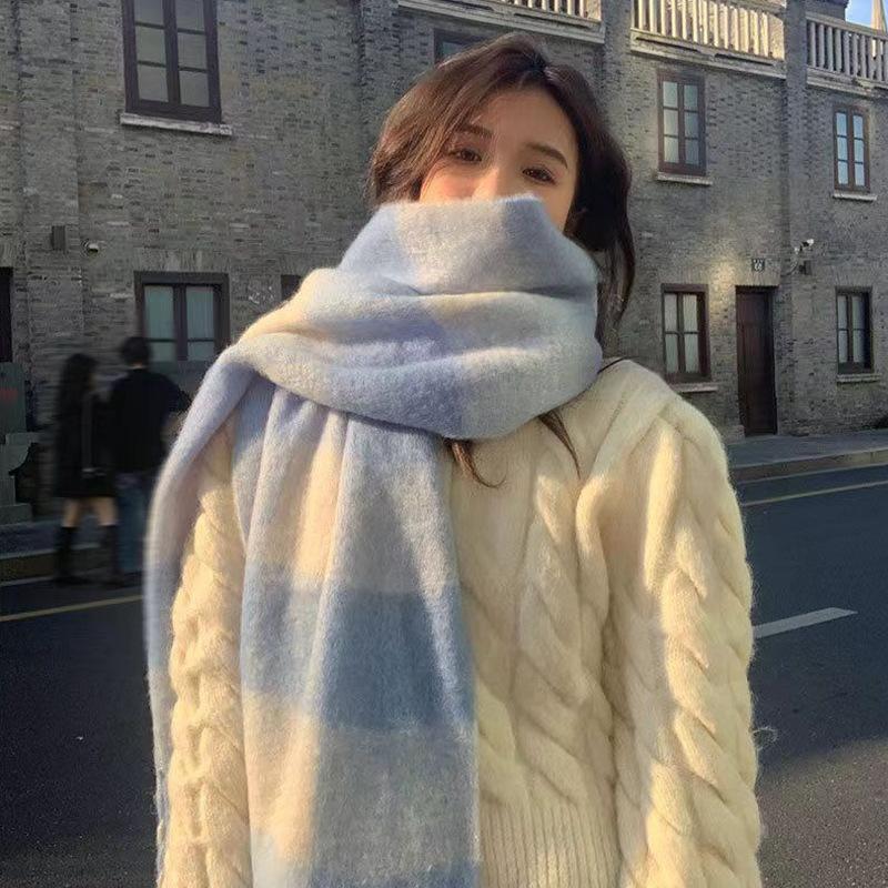 White cream blue and white plaid mohair scarf women's versatile shawl fluffy warm scarf