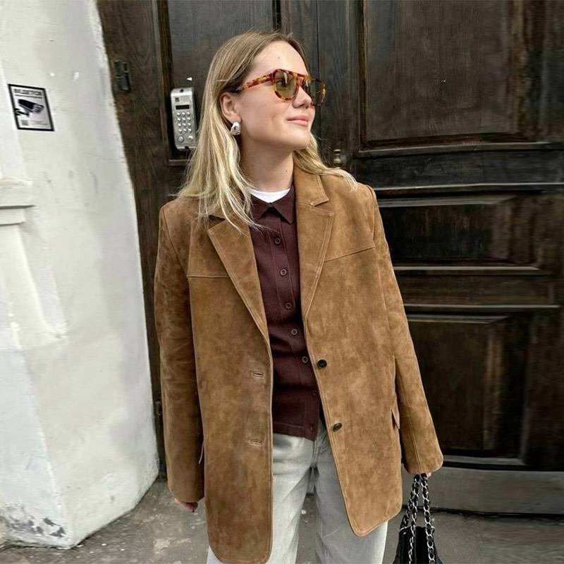 VAYLA Elegant Women's Suede Jackets Loose Lapel Single Breasted Long Sleeve Female Coats Lady Street Commute Outwear New