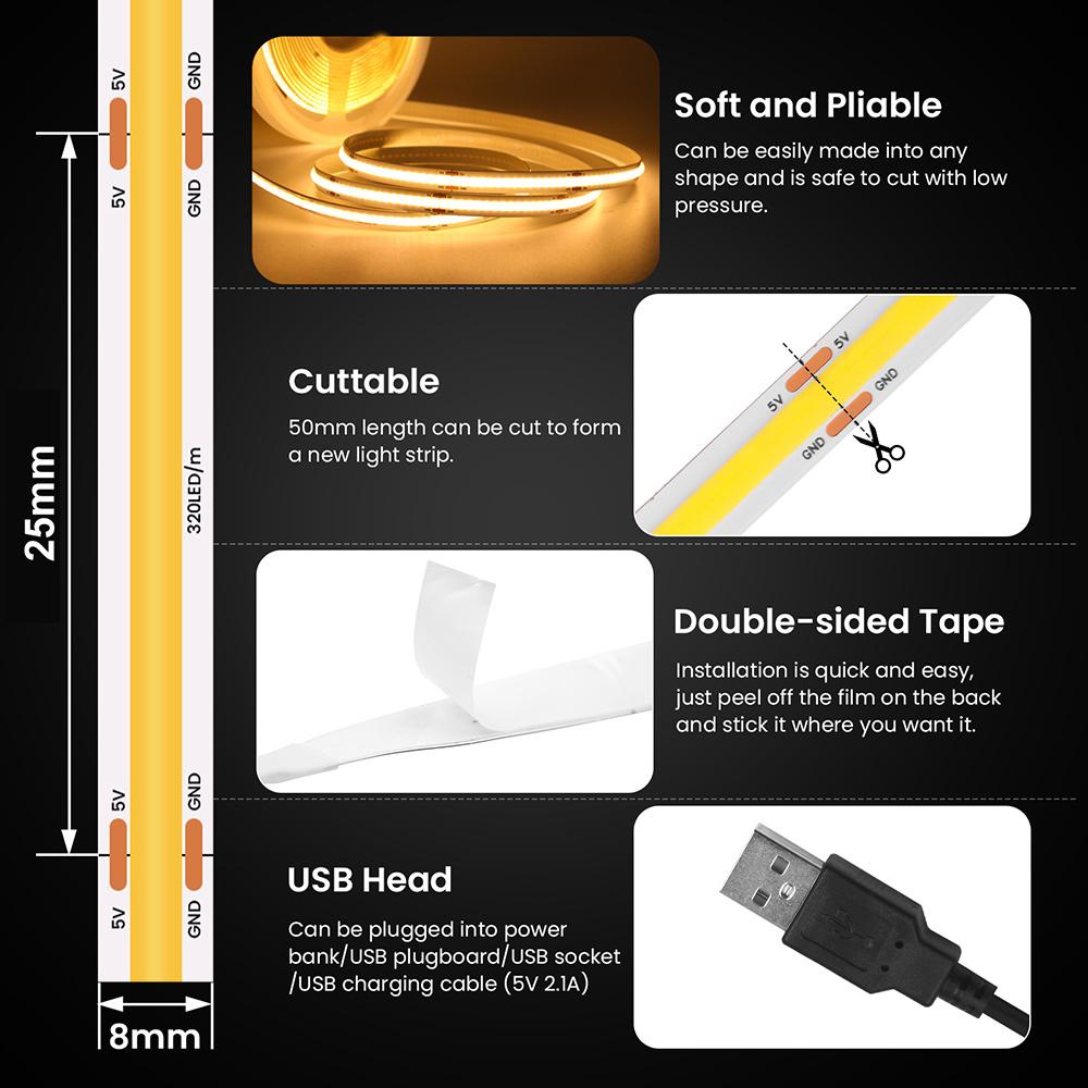 New 5V USB COB Strip Light 320Leds/m Warm Natural White Cabinet Lamp Night Lighting Flexible LED Ribbon Stripe DC5V TV Backlight
