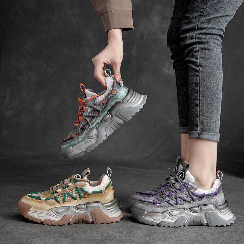 2026 Sommer Neu Dicke Sohle Vollrindleder Mesh Atmungsaktiv Dad Schuhe Mode Lässig Damen Sneaker