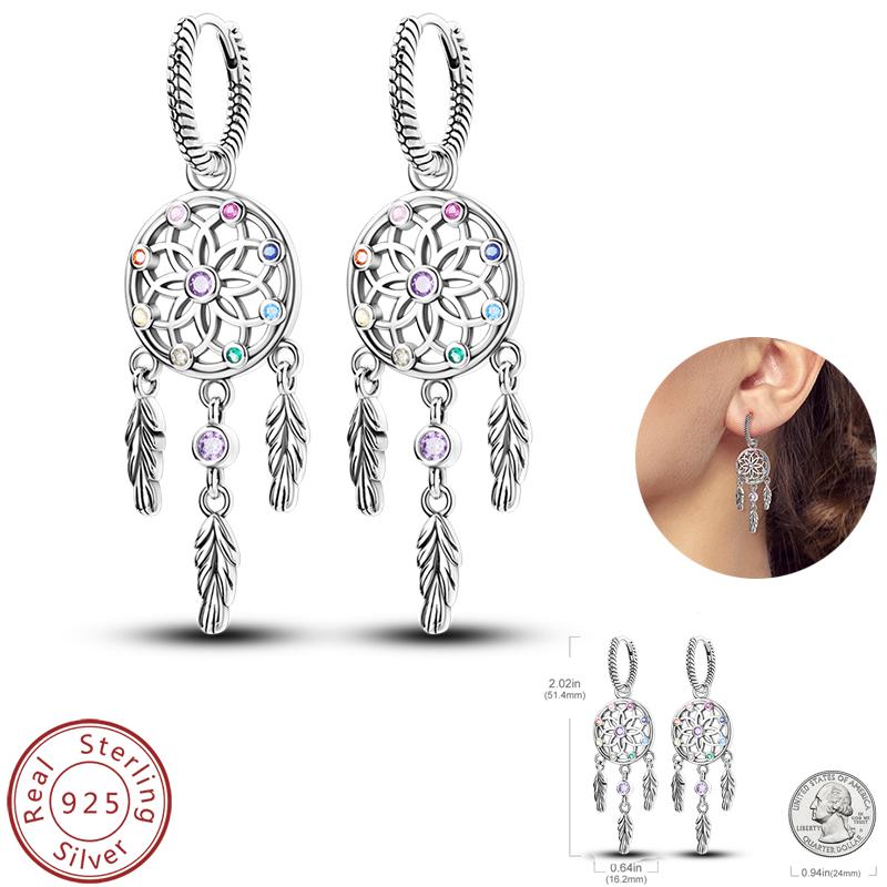 Real 925 Silver Palm Devil's Eye Feather Dream Catcher Design Luxury Earrings Fit For Engagement Fine Jewelry Gifts