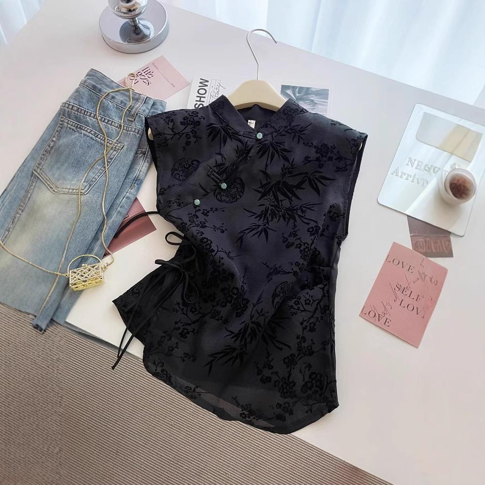 

Retro Thin Shirt, Chinese Cheongsam Top, Short-sleeved T-shirt XXXL чорний