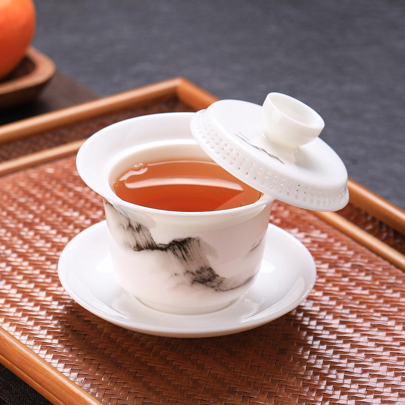 NEW 360-Degree Floating Three-Talent Covered Dehua White Porcelain Kung Fu Set Bowl with Dragon Pattern Tea Offering Bo