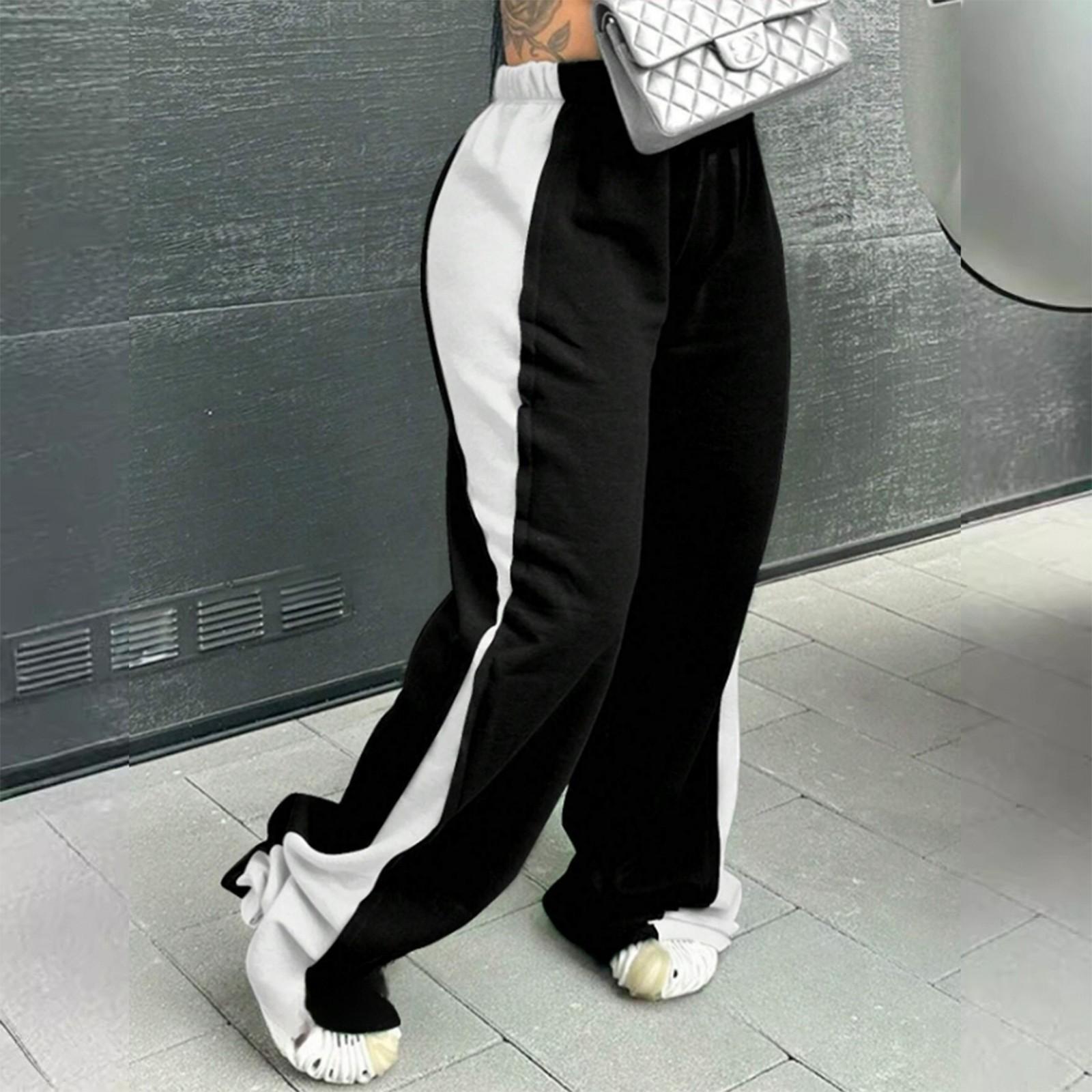 

Women s Fashionable Color Blocked Elastic Waistband Versatile Straight Leg Casual Sweatpants Pants L білий