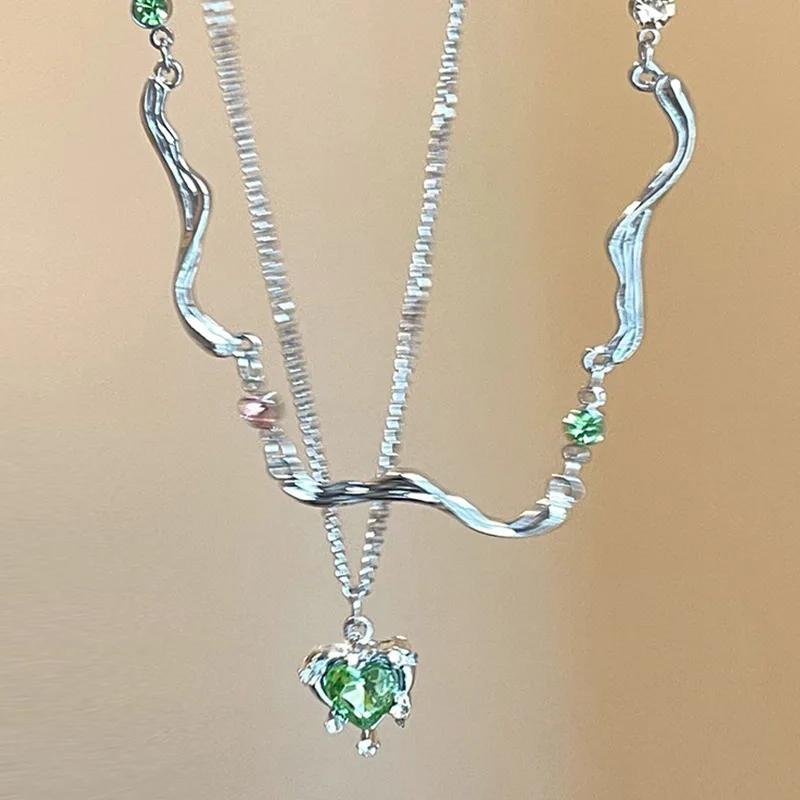 New Green Crystal Love Double Layer Necklace For Women Fashionable Personalized Daily Accessory Party Jewelry Birthday Gifts