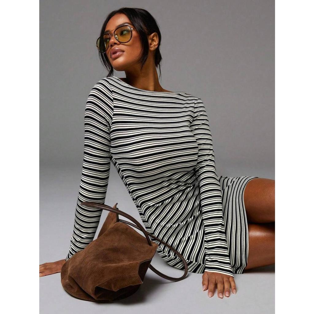 Fall Winter Women's Crew Neck Striped Bodycon Dress, Slim Waist Skinny Mini Dress, Y2K Sexy Streetwear For Crossborder