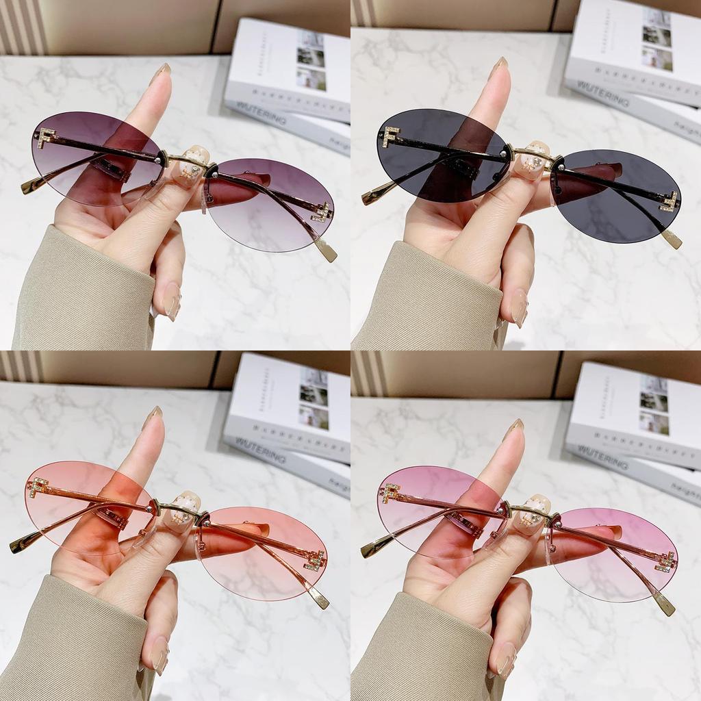 New Letter F Frameless Sunglasses With Rhinestone Elliptical Frame Uv400 For Fashion Outings