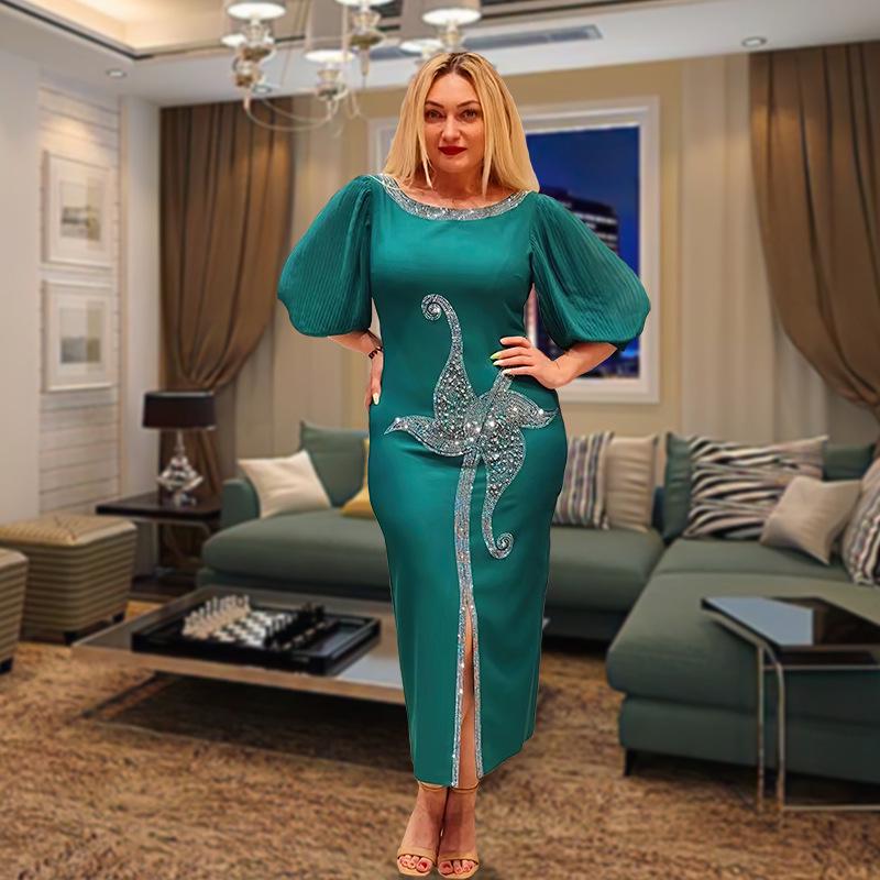 Hotfix Rhinestone Mesh Sleeve Bodycon Dress - Elegant Slim Fit with Sexy Round Neck